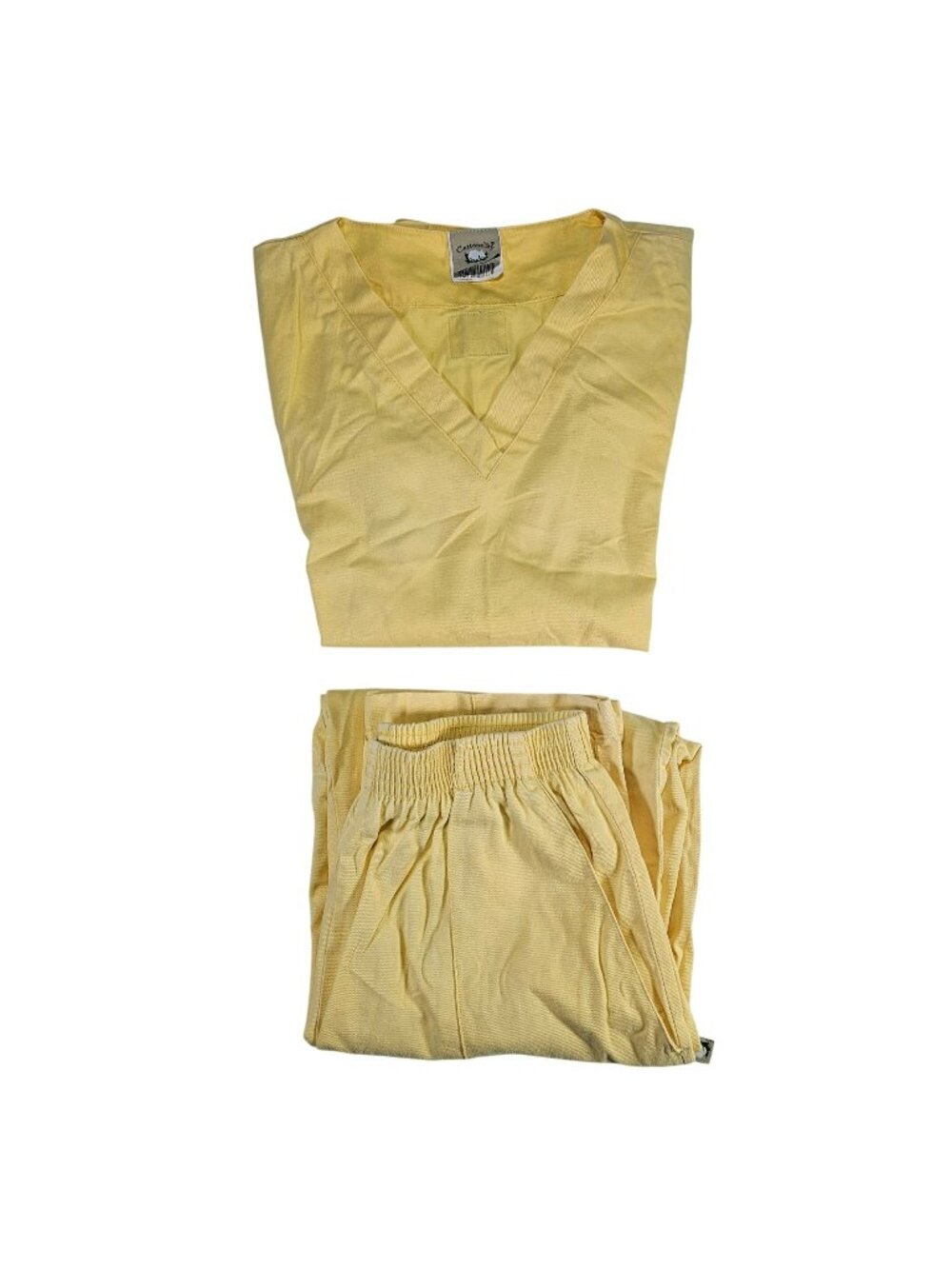 Cottonality Scrub Set V-Neck Top Elastic Pants Women's Size M Yellow Cotton